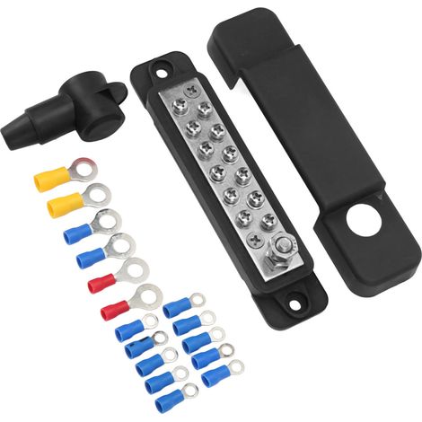 Bloc de distribution à 12 bornes, barre omnibus d'alimentation marine 180 A avec 16 cosses à anneau pour voitures, camping-cars et yachts, noir (1/5)