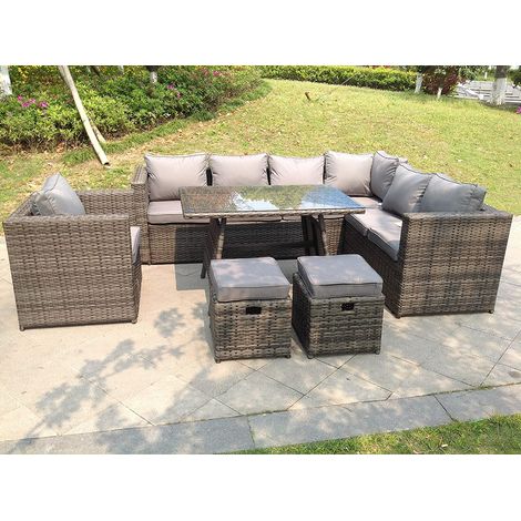 Fimous 9 Seater Grey Rattan Corner Sofa Set Dining Table Armchair Foot Rest Garden Furniture Outdoor (1/2)