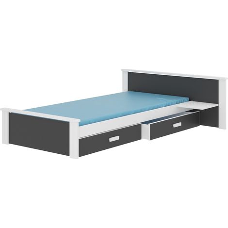 Lit bois pin blanc et bois gris graphite 90x200 avec 1 chevet et 2 tiroirs de rangement Lydia (1/5)