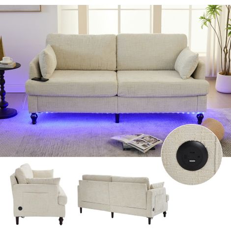 Canapé moderne 2 places en chenille beige avec pieds en bois, lumière LED, port de chargement USB et sac de rangement pour salon, chambre ou bureau. (1/5)