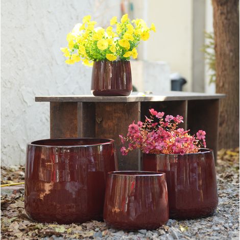 Lot de 4 pots de fleurs en céramique Ø33/26/20/15 cm rouge brillant, pour balcon – MEUBLIV (1/5)