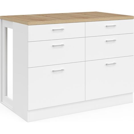 Idmarket – Ilot central mange-debout 120 cm – Casserolier 6 tiroirs – Structure en panneaux de particules – Plan de travail bois clair