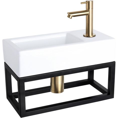 Differnz Ravo kit lave-mains - 38.5x18.5x25cm - Rectangulaire - 1 trou de robinet - Robinet droit mat doré - avec cadre noir - Céramique blanche (1/5)