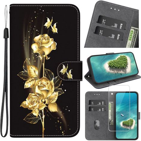 Verre trempé+Etui pour Samsung Galaxy A16 5G 6.7", Coque Housse en Cuir PU Flip Portefeuille -Rose d'or et papillon d'or SJW (1/5)