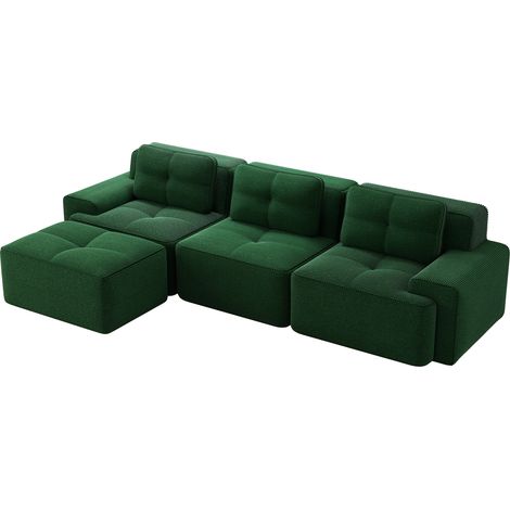 Divano modulare L a 3 posti in tessuto effetto velluto verde con ottomana MODENUIT (1/5)