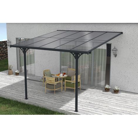 Cazeboo – Pergola carport adossé 3x3m en aluminium gris anthracite – Toit en polycarbonate 6mm – Surface couverte 9m² – Hauteur ajustable 225-270cm