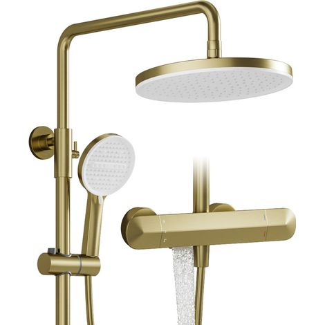 Colonne de douche, corps en laiton, système de douche or brossé Douche 3 en 1, douche de tête 280 mm, douchette 5+1 modes, sortie d’eau inférieure dissimulée, hauteur et angle réglables (1/5)