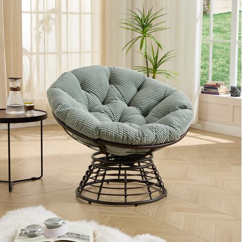 Poltrona papasan girevole 360° in rattan PE con cuscino spesso, acciaio, grigio-verde HAVRYA (1/5)