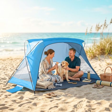 Tente de plage pour 2-3 personnes doté de sacs de sable, porte, fenêtres, sac de poche UPF30+ Sky Blue
