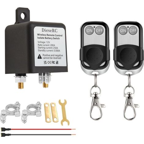 Coupe Circuit Batterie 12v à Télécommande Sans fil, Interrupteur de Relais DC 12V 200A Isolateur de Batterie de Voiture avec 2 émetteurs, Interrupteur Antivol