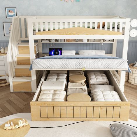 Etagenbett 253x207x165 cm MDF Weiß/Natur, Stauraum, ohne Matratze – MEUBLIV (1/5)