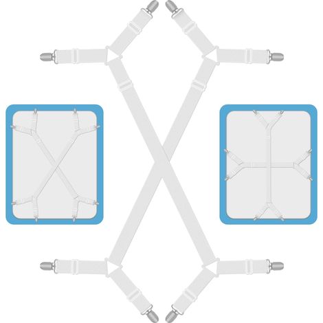 Blanc, 2 Pièces Tendeur Drap Housse Lit Drap Réglable, Attache Drap Housse, Réglable Élastiques Triangle Sangles, Elastique Drap Housse avec Clips en Métal, Compatibles avec Tous Les Matelas Carrés (1/5)