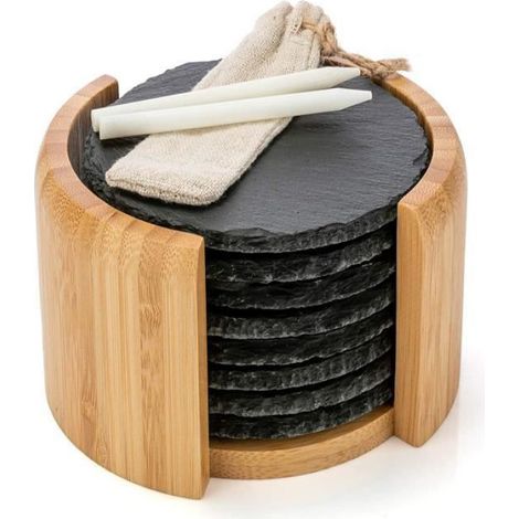 Set de Dessous de Verre Ardoise-8 Dessous de Verre Rond avec Support - Ardoise 10 cm Noire pour déco,raclette,Bougies,Boissons nos (1/5)