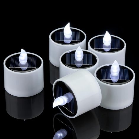 Juego de 6 velas solares recargables, impermeables y sin llama, con LED intermitentes, decorativas para uso exterior, luz blanca fría. (1/5)