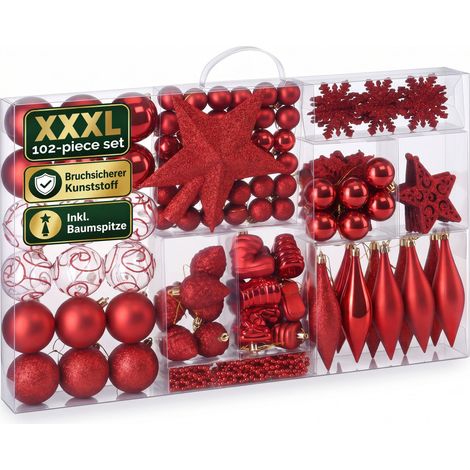 CASARIA® 102 Pcs Christmas Tree Decorations Baubles, Santa Boots, Pine Cones, Chains & Stars Red (1/5)