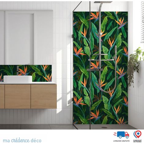 Panneau de douche : Feuilles et hibiscus - Couleur vert - Alu composite - 90 - 245 (1/3)