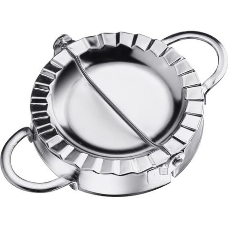 Stampo per ravioli italiani, diametro: 9,5 cm, con pratico manico, in acciaio inox, color argento. (1/5)