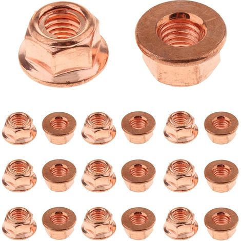 Lot de 20 écrous d'échappement M8 hexagonaux autobloquants - Vis en cuivre - Écrous d'échappement en cuivre - Goujons de collecteur d'échappement - Écrous de collecteur d'échappement de voiture - Pour (1/5)