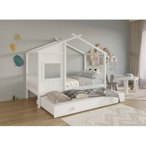 Lit gigogne cabane en bois blanc 90 x 190 cm MILIO