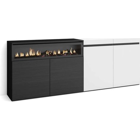 Aparador Benarrabá-01 de 200x75x35 cm con 4 puertas, chimenea y luces LED, color blanco y negro (1/4)