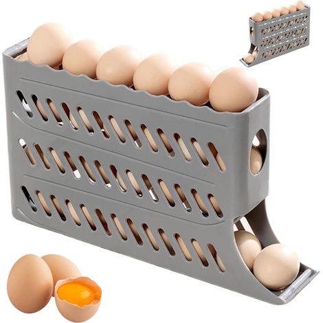 1 Porte-œufs, 4 niveaux, roulement automatique, empilable, 30 œufs, plastique PP, gris, pour réfrigérateur (1/5)