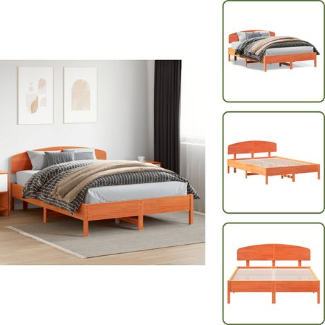 The Living Store Cadre de lit sans matelas cire marron 140x200cm bois pin massif - Lit Bois - Cadre Lit - Lit Double - Lit 140x200 - Literie
