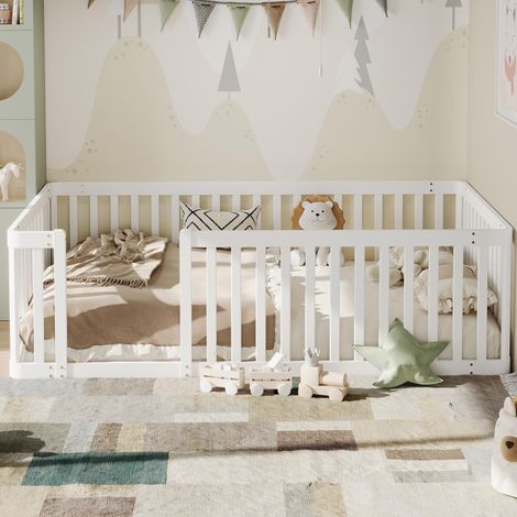 Cadre de lit en bois 90x200 avec barrière, blanc, adapté à petit espace de vie, convenable pour salon familial