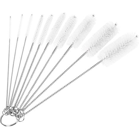 Brosse de nettoyage pour bouteilles, set de 10 brosses nylon 20 cm, kit de lavage pour goulots étroits, tasses et récipients, avec crochet de suspension (1/5)