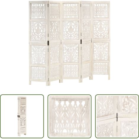 Paravent en bois - Cloison de séparation 5 panneaux Blanc 200x165 cm Bois manguier (1/5)