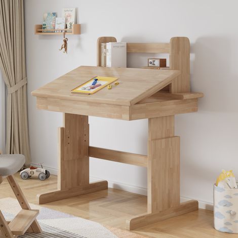 DESMIU Bureau pour enfant réglable en hauteur avec plateau inclinable et pupitre intégré, en bois massif, naturel (1/5)