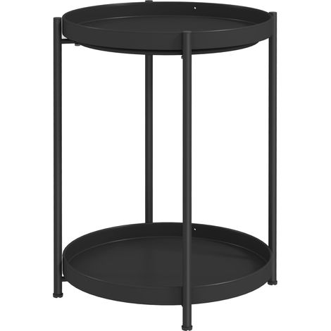 Table d'appoint ronde à 2 étagères, idéale pour le salon ou la chambre. Dimensions : 44 x 44 x 56 cm. Structure en acier noir.