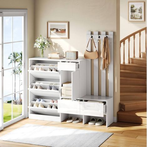Scarpiera da ingresso 160x35x160 cm in MDF bianco con panca e appendiabiti (1/5)
