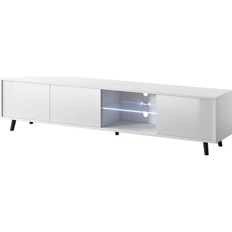 Mobile TV L Con 3 Ante Battenti Con Vano Centrale Ripiano In Vetro E LED Porta Televisore In Melanico Piedini In Metallo Per Soggiorno Salotto Zona Living 175 x 40 x 31.5 cm Bianco (1/5)