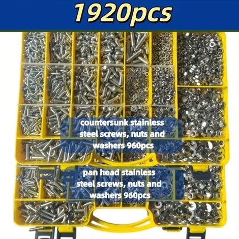 Coffret de visserie inox 1920 pièces – Assortiment de vis à métaux cruciformes à tête fraisée et à tête cylindrique, avec écrous hexagonaux et rondelles, acier inoxydable 304 A2-70, kit de fixation mé (1/5)