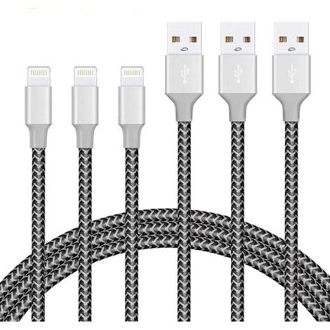 Lot de 3 câbles Lightning de 1,8 m, câble de chargeur iPhone tressé en nylon certifié MFI - Noir (1/2)