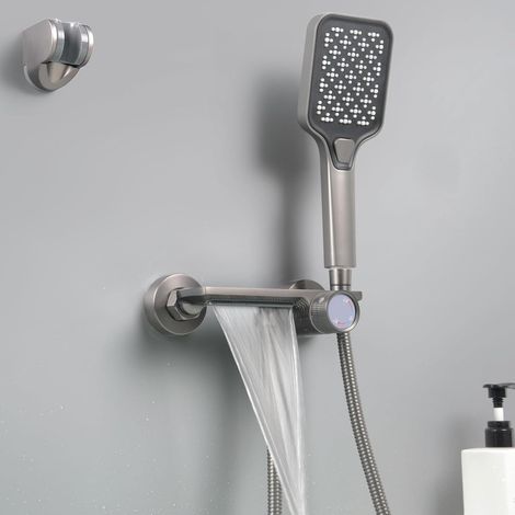 Robinet de Baignoire Cascade, Mitigeur Baignoire avec Douchette, Mitigeur Bain Douche Mural, Laiton, Gris