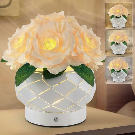 Lampe de table LED rose avec variateur tactile progressif, veilleuse florale 3 couleurs rechargeable par USB pour la décoration de la chambre, couleur champagne, économie d’énergie (1/5)