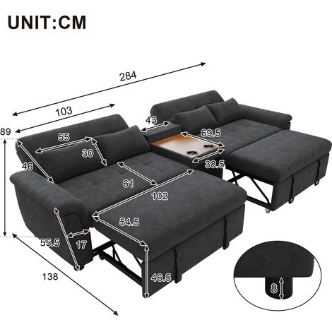 Canapé convertible en U, lit 2 places, dossier ajustable, niche pour animaux, table centrale avec 2 supports de verre, 4 coussins, tissu velours, anthracite, 284x138x89 cm (1/5)