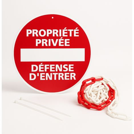 Propriété privée défense d'entrer disque rigide prépercé avec chaine plastique rouge/blanc avec collier de serrage de serrage - panneau rond signalisation