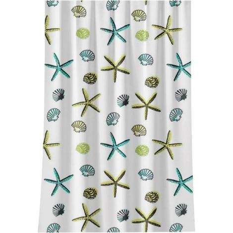 Tenda da doccia con motivo a stelle marine e conchiglie, impermeabile, realizzata in poliestere ecologico, con finitura opaca. (1/5)
