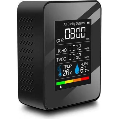 Détecteur de qualité de l’air CO2, TVOC, HCHO, mesure température et humidité, portable, noir – DELKEVIC