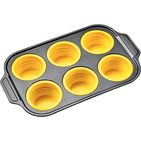 Mini moule à pâtisserie en silicone, moule à 6 cupcakes, moule antiadhésif avec poignée en métal, non toxique et sain, un indispensable pour la pâtisserie maison (jaune, 6 cupcakes) (1/5)