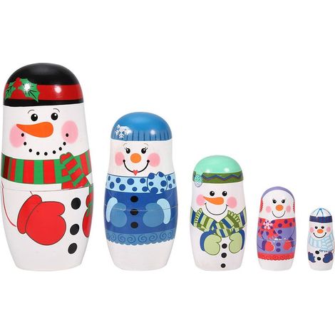 5 pièces de poupées russes matriochka en bois peintes à la main, mignonnes décoration de Noël pour la maison (Bonhomme de neige) (1/5)