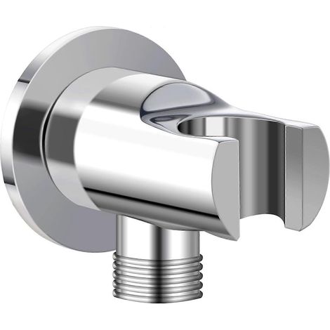 Coude d'alimentation mural avec support de douchette chromé, raccord de flexible de douche en laiton 1/2", fixation murale ronde d (1/5)