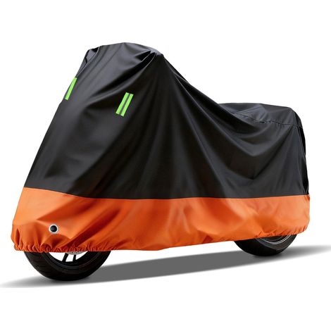 Housse de protection moto imperméable et anti-UV renforcée, bâche extérieure pour scooter et deux-roues, couverture anti-poussière toutes saisons taille 2XL 220x90x110cm noire orange (1/4)