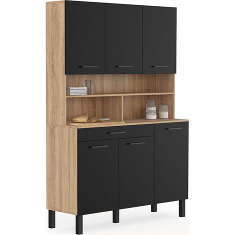 Idmarket – Buffet de cuisine 120 cm – 6 portes et tiroir – Structure en panneaux mélaminés façon hêtre et noir – Hauteur 177 cm