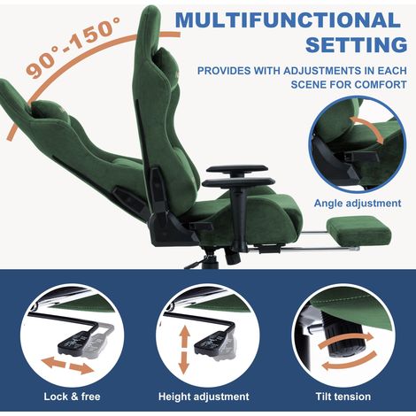 Chaise gaming respirante ANDYOU avec repose-pieds, réglable et pivotante, verte (1/5)