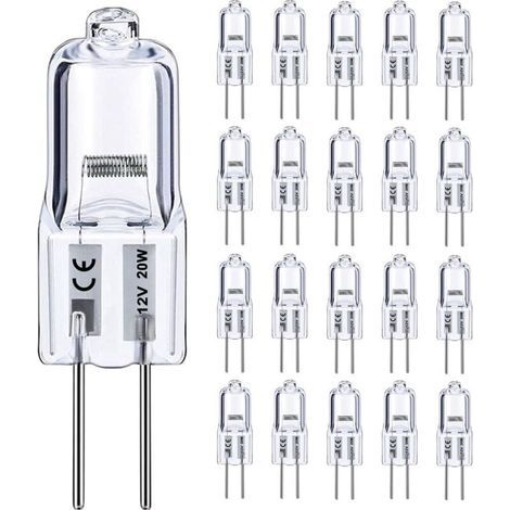 Ampoule halogène G4 12 V 20 W, lot de 20, à intensité variable, blanc chaud 2800 K, longue durée de vie, pour éclairage sous armoire ou lustre. (1/5)