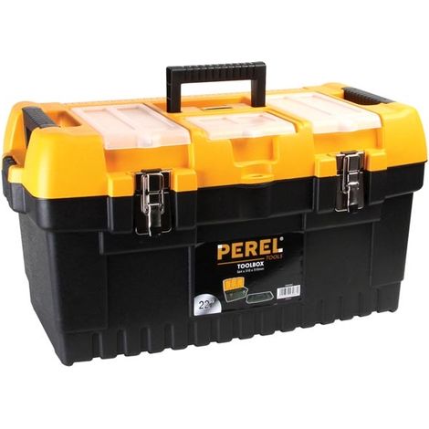 Perel – Boîte à outils 54 litres – Grand coffre de rangement avec bac amovible – 3 organiseurs intégrés – Fermetures métalliques – Poignée rabattable – Polypropylène noir orange 56,4 x 31 x 31 cm