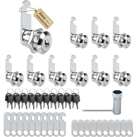 Lot de 10 serrures pour boîte aux lettres, 20 mm, pour meubles, casier avec 2 plaques de serrure différentes et 20 clés individuelle, serrure à levier pour tiroirs, armoire de classement (1/5)